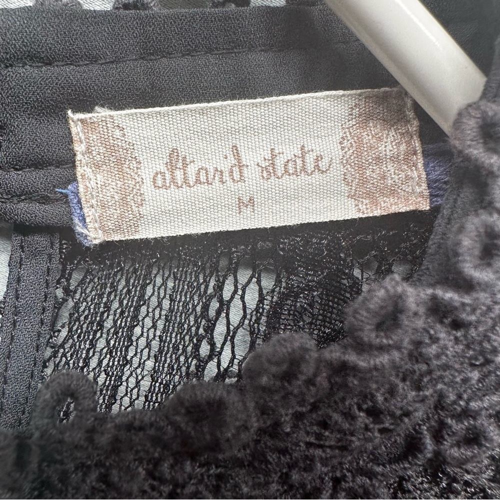 Altar'd State Black Lace Blouse Sheer Lace arms/chest Sz. Medium Flowy scalloped - Picture 7 of 10